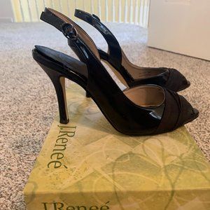 J.Renee Mechelle Slingback Heels Black Open Peep Toe Patent Leather Pumps sz 7W